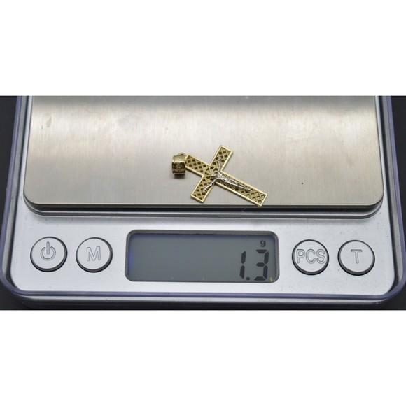 Real Solid 10K Yellow White Gold Shiny Jesus Cross Diamond Cut Pendant 1.3gr - Picture 5 of 6